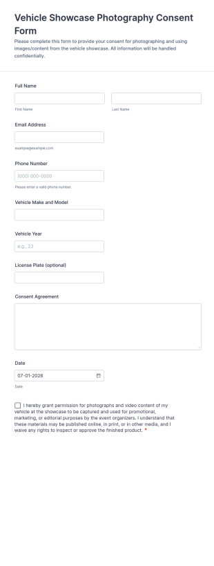 Vehicle Showcase Photography Consent Form Template