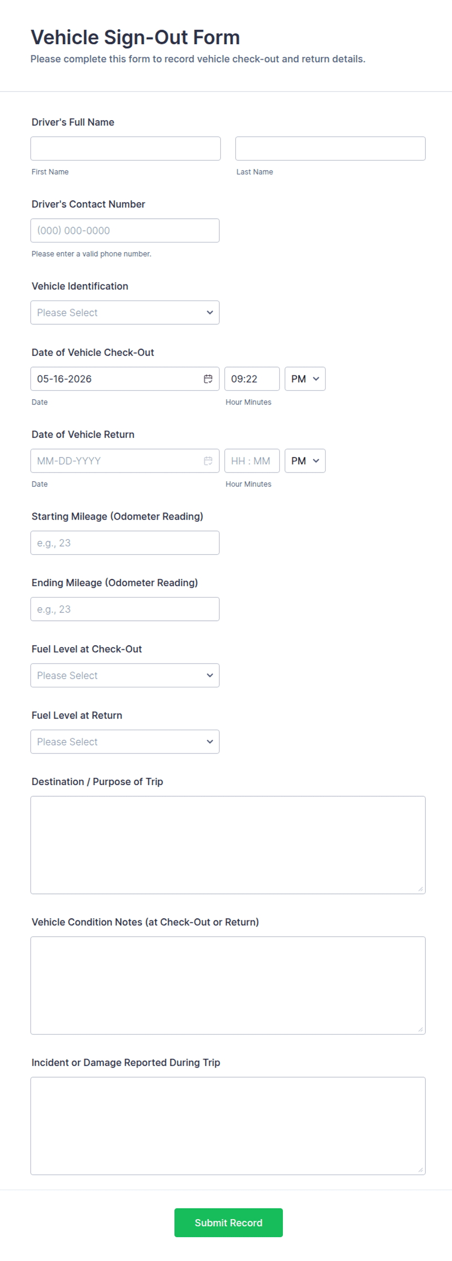 Driver Sign In Form Vehicle Sign-Out Form Template | Jotform