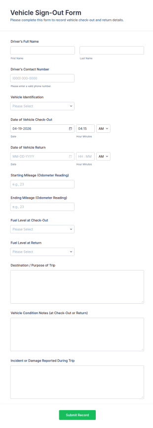 Vehicle Sign Out Form Template