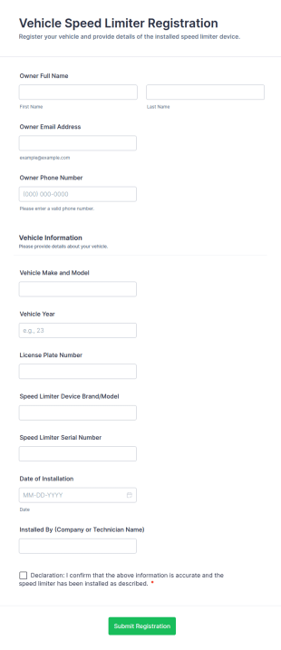 Vehicle Speed Limiter Registration Form Template