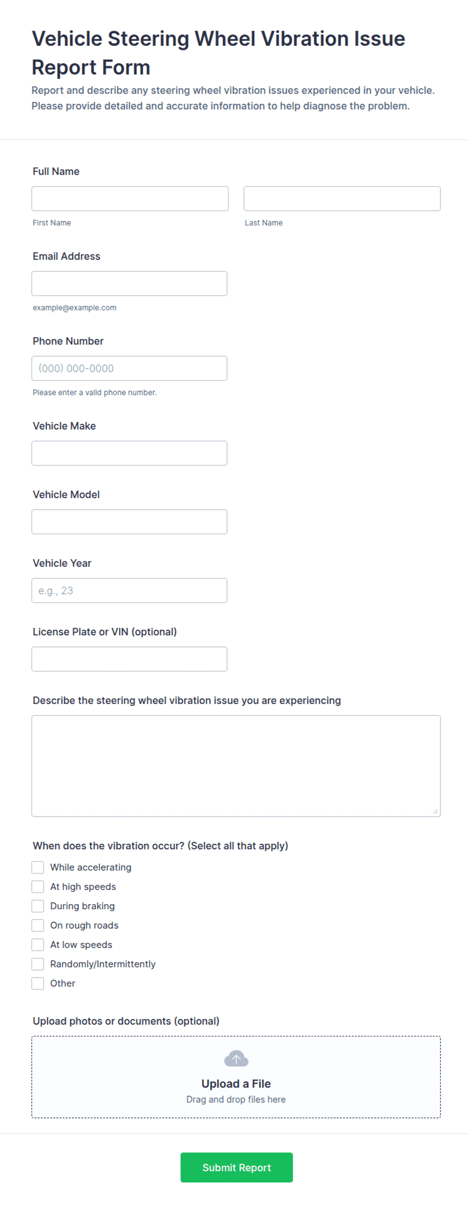 Vehicle Steering Wheel Vibration Issue Report Form Template | Jotform