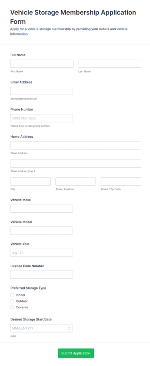 Vehicle Storage Membership Application Form Template