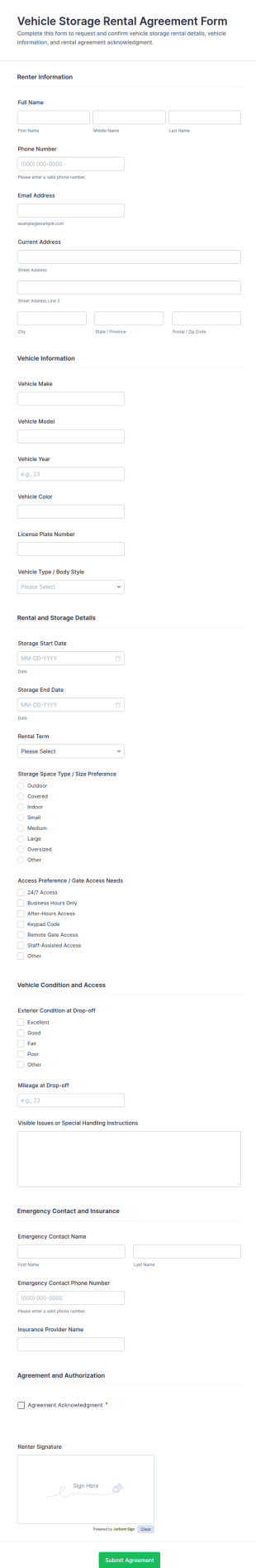 Vehicle Storage Rental Agreement Form Template