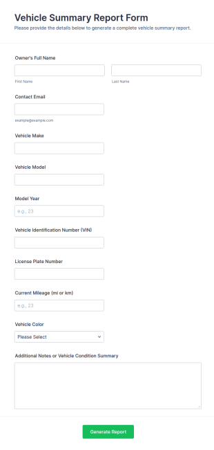 Vehicle Summary Report Form Template