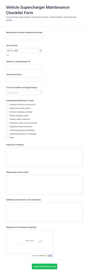 Vehicle Supercharger Maintenance Checklist Form Template