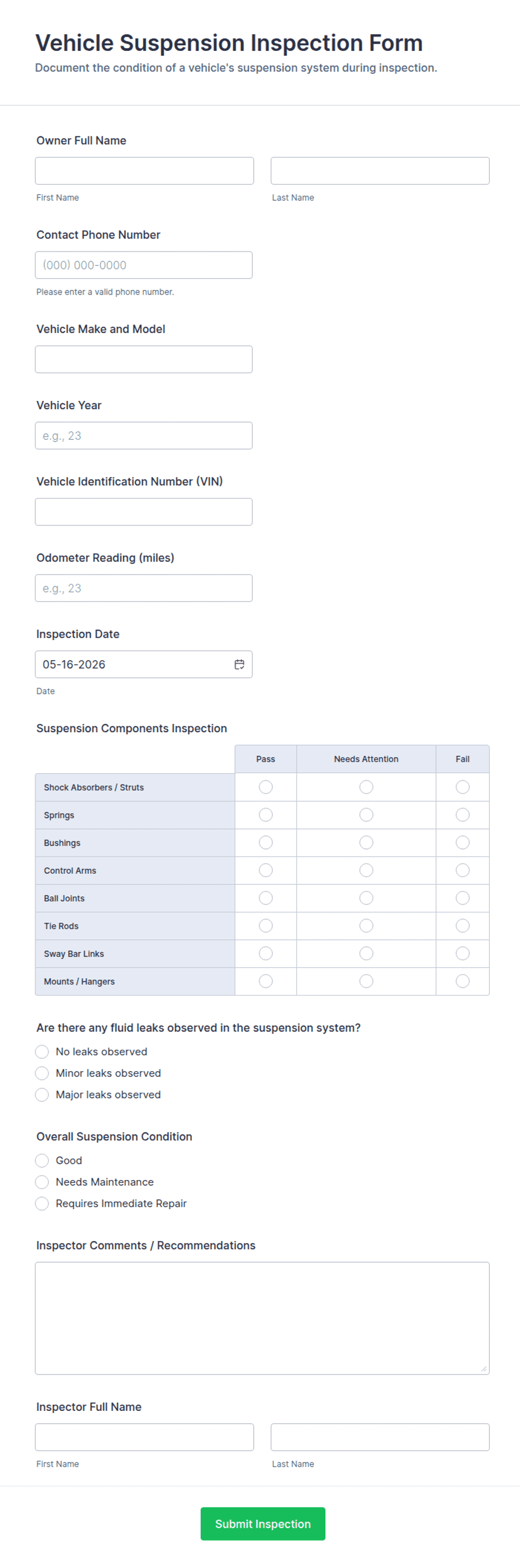 Vehicle Suspension Inspection Form Template | Jotform