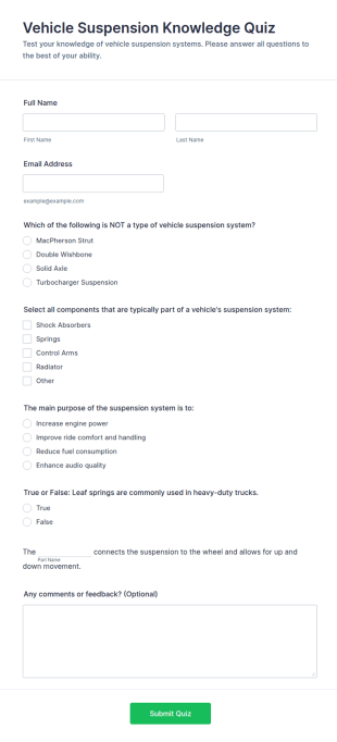Vehicle Suspension Knowledge Quiz Form Template