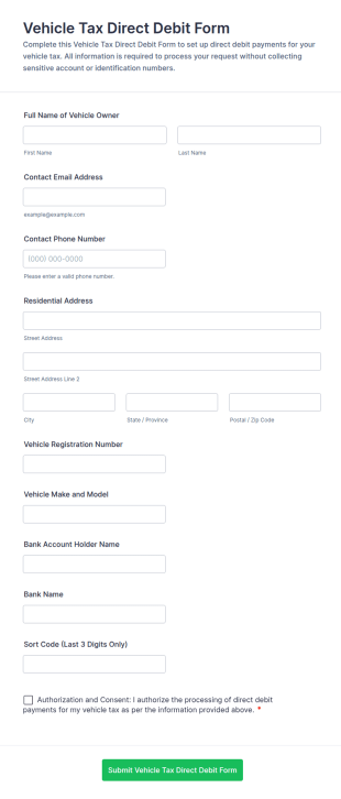 Vehicle Tax Direct Debit Form Template