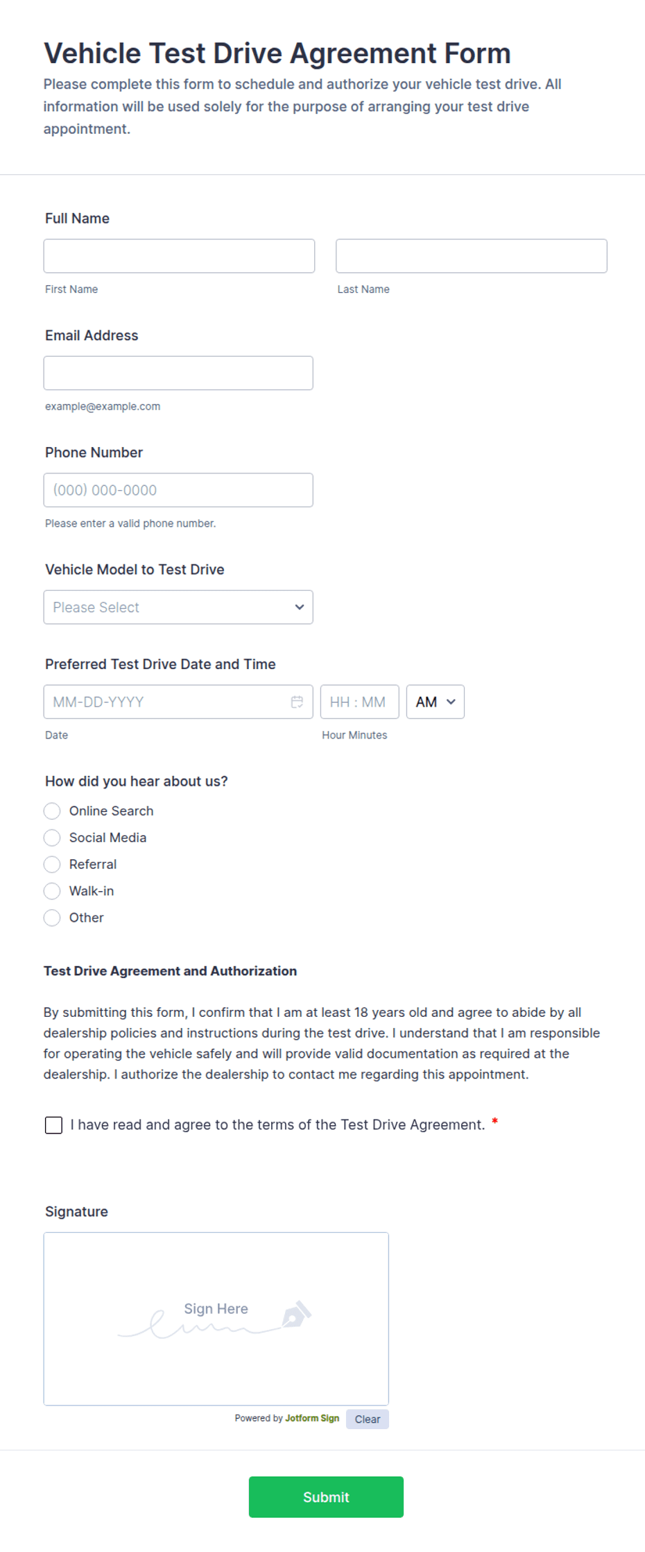 Test Drive Form Example Vehicle Test Drive Agreement Form Template | Jotform