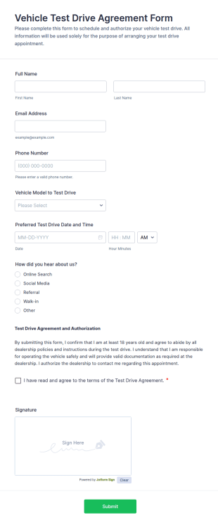 Vehicle Test Drive Agreement Form Template