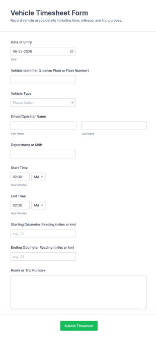 Vehicle Timesheet Form Template