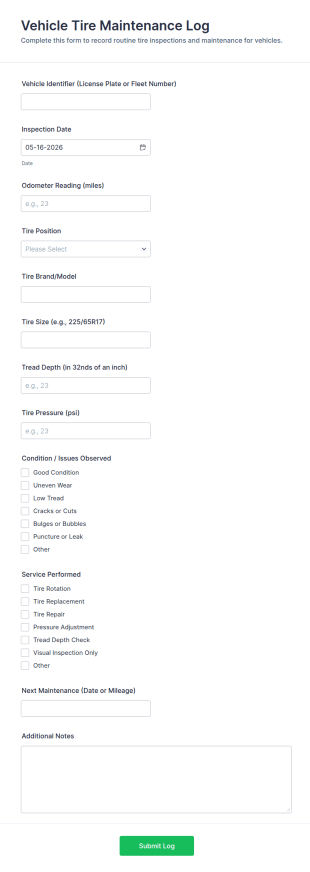 Vehicle Tire Maintenance Log Form Template