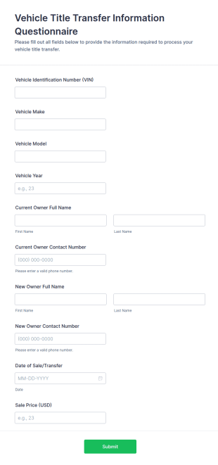 Vehicle Title Transfer Information Questionnaire Form Template