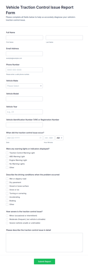 Vehicle Traction Control Issue Report Form Template