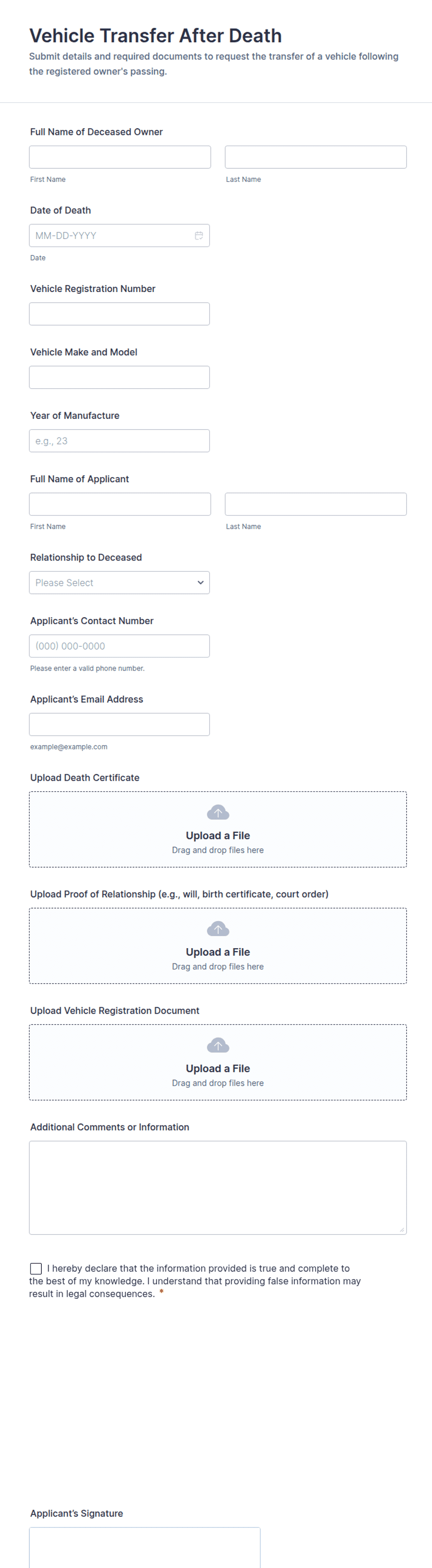 Vehicle Transfer After Death Form Template | Jotform
