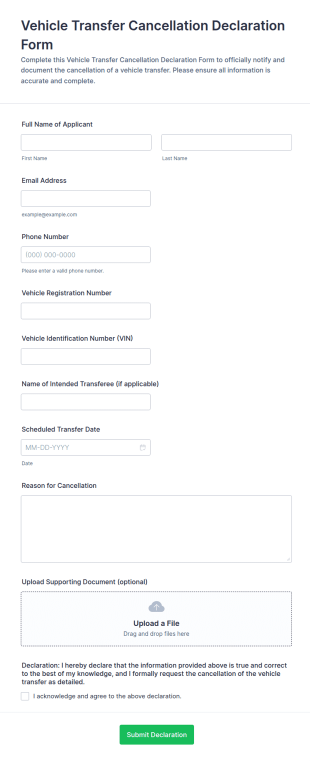 Vehicle Transfer Cancellation Declaration Form Template