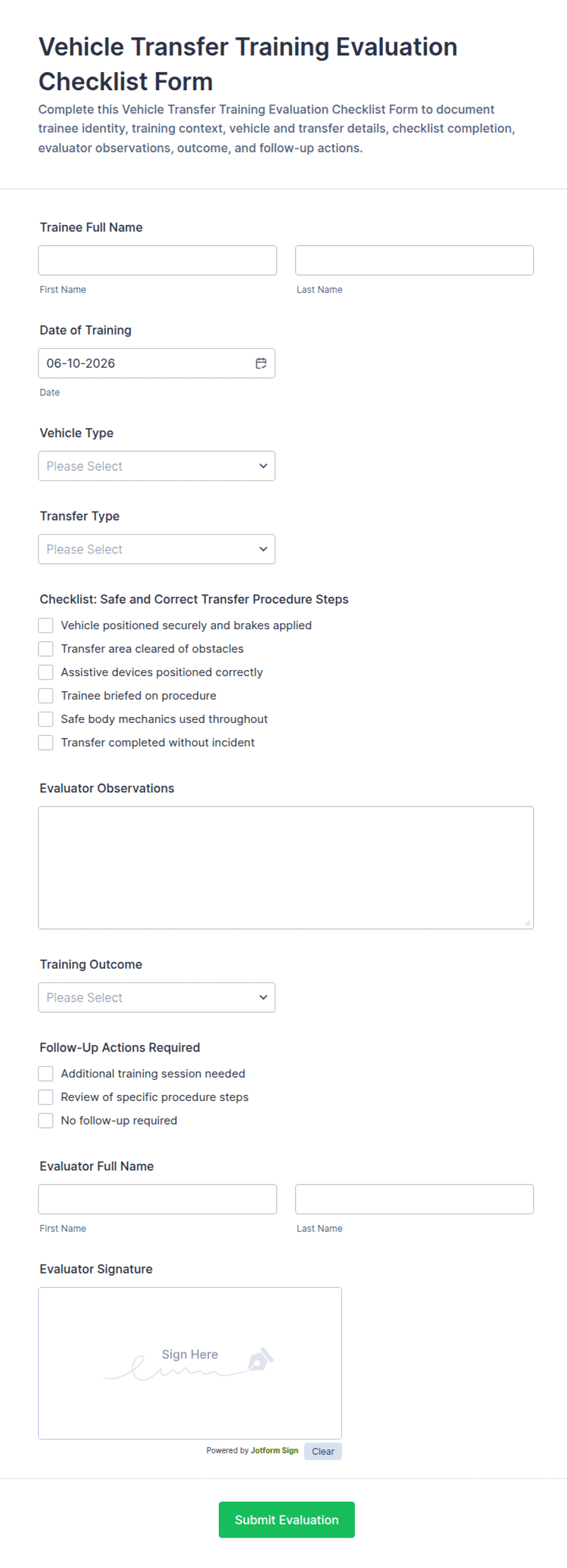 Vehicle Transfer Training Evaluation Checklist Form Template | Jotform