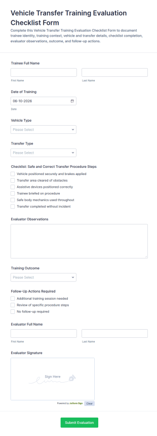 Vehicle Transfer Training Evaluation Checklist Form Template