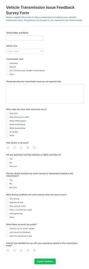 Vehicle Transmission Issue Feedback Survey Form Template