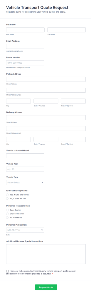 Vehicle Transport Quote Request Form Template