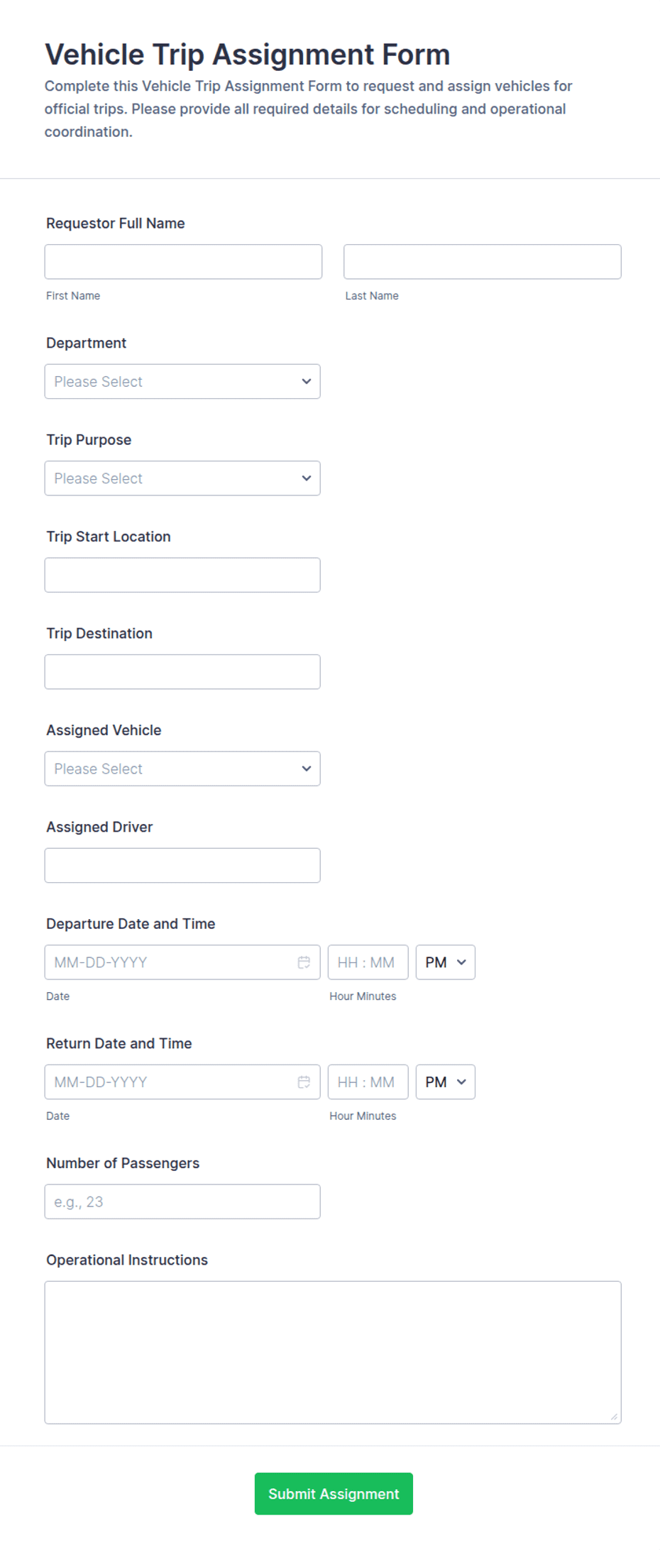 Vehicle Trip Assignment Form Template | Jotform