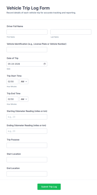 Vehicle Trip Log Form Template