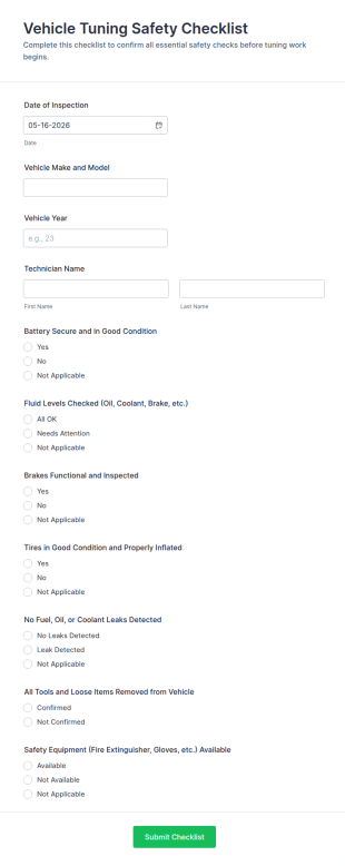 Vehicle Tuning Safety Checklist Form Template