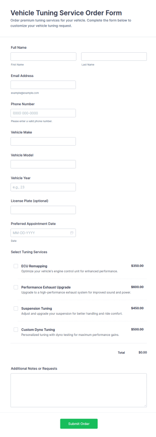 Vehicle Tuning Service Order Form Template