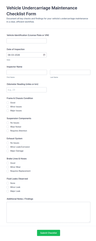 Vehicle Undercarriage Maintenance Checklist Form Template