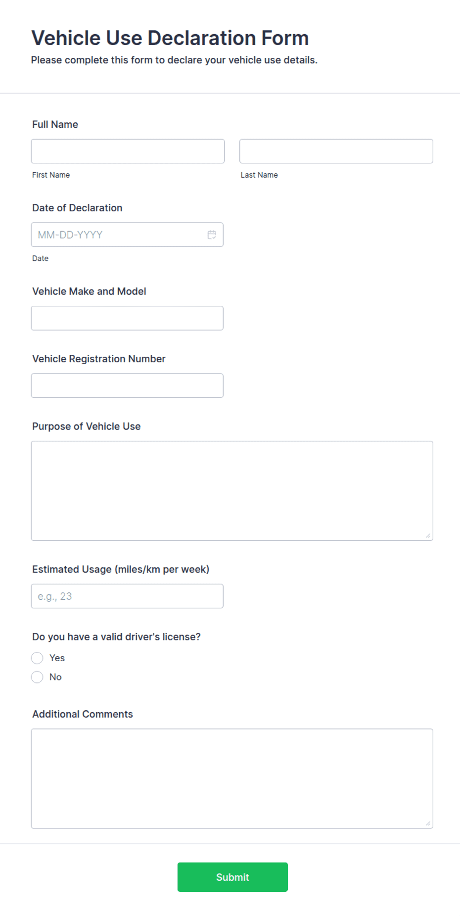 Own Use Form Vehicle Use Declaration Form Template | Jotform