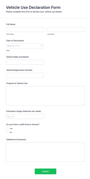 Vehicle Use Declaration Form Template
