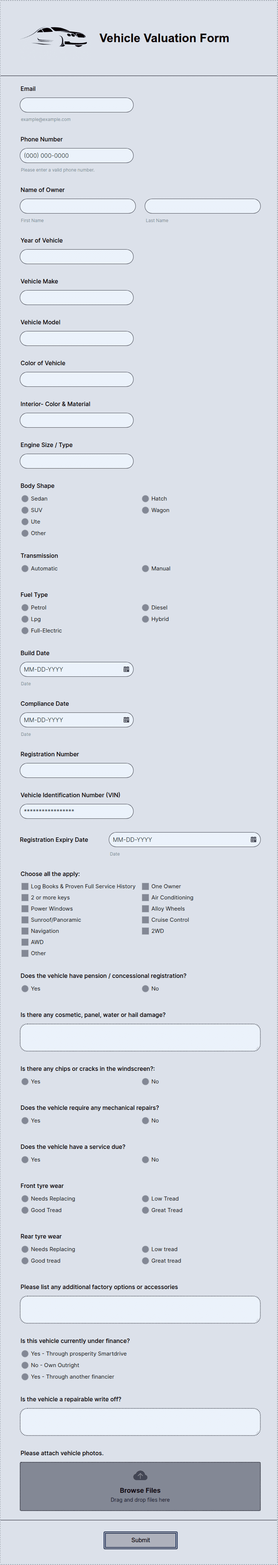 Vehicle Valuation Form Template | Jotform