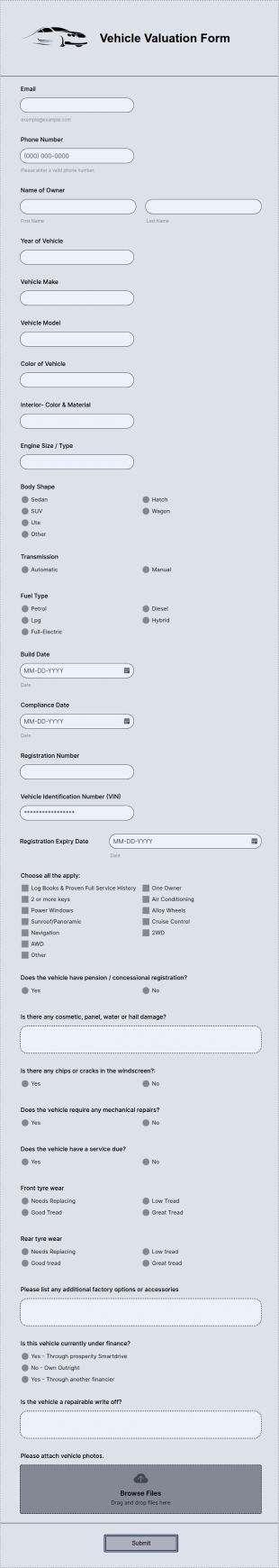 Vehicle Valuation Form Template