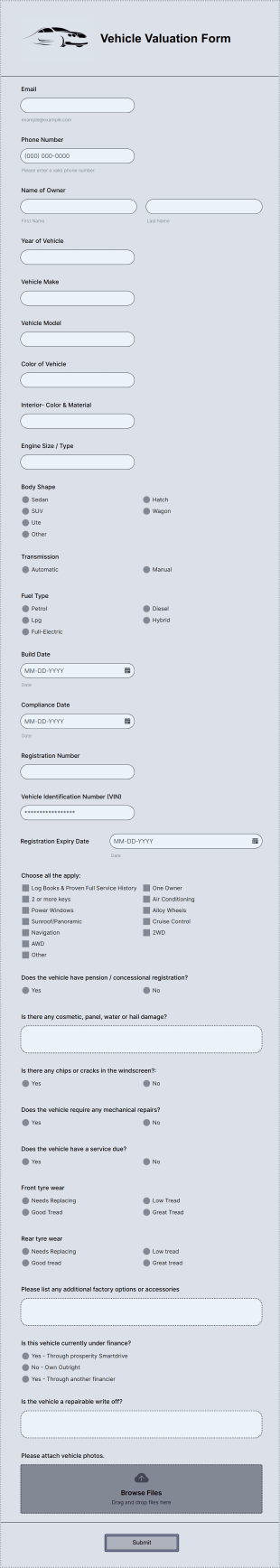 Vehicle Valuation Form Template