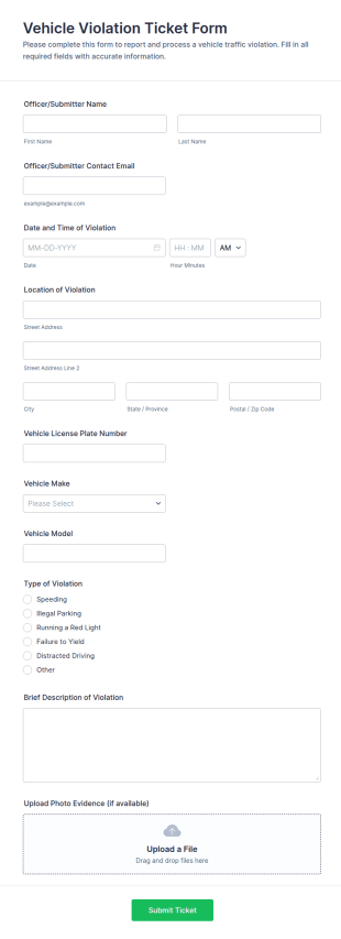 Vehicle Violation Ticket Form Template