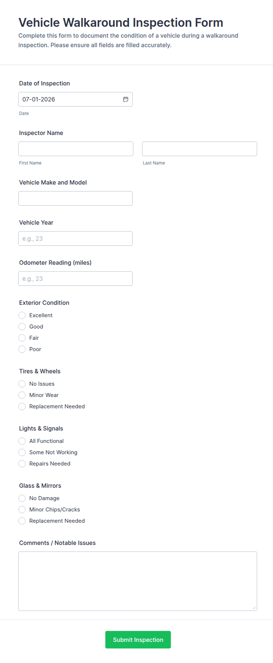 Vehicle Walkaround Inspection Form Template | Jotform