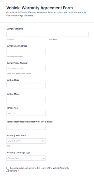 Vehicle Warranty Agreement Form Template