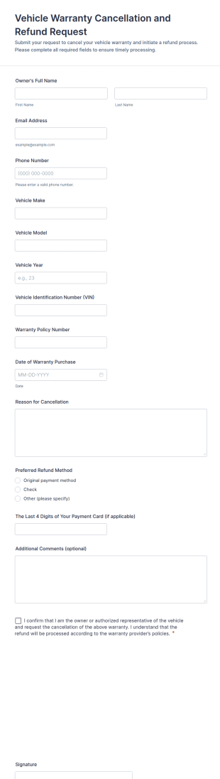 Vehicle Warranty Cancellation And Refund Request Form Template