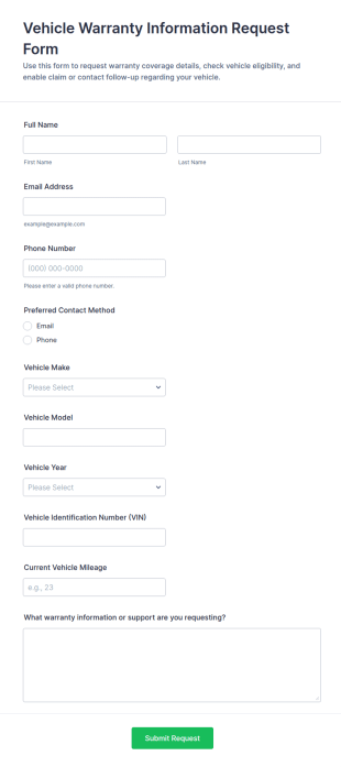 Vehicle Warranty Information Request Form Template