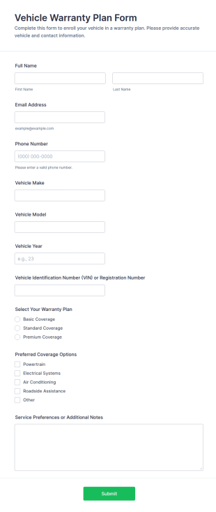 Vehicle Warranty Plan Form Template