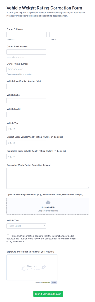 Vehicle Weight Rating Correction Form Template