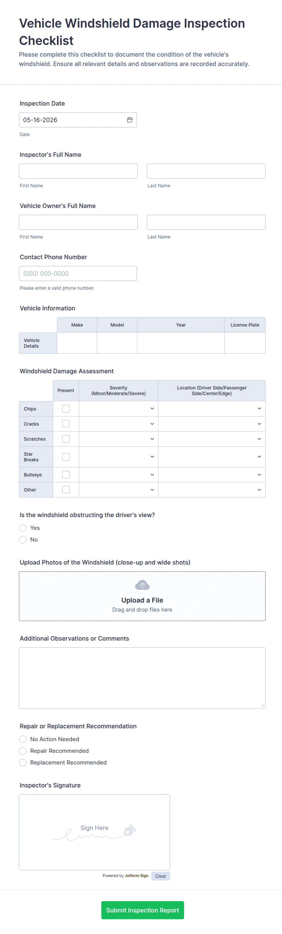 Vehicle Windshield Damage Inspection Checklist Form Template | Jotform