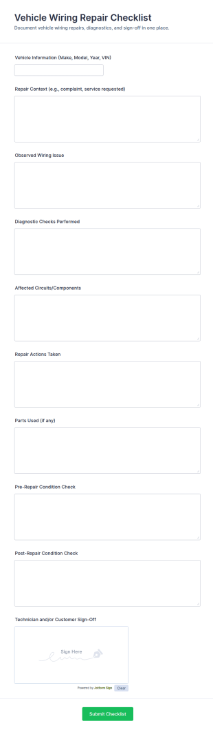 Vehicle Wiring Repair Checklist Form Template