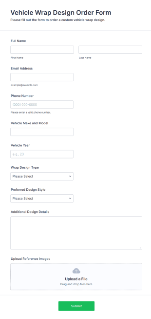 Vehicle Wrap Design Order Form Template