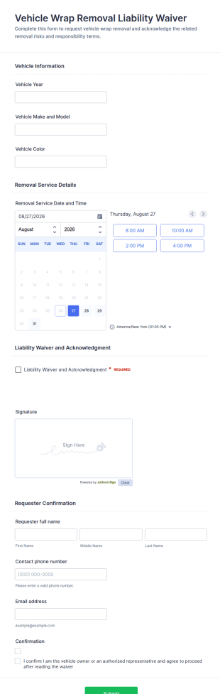 Vehicle Wrap Removal Liability Waiver Form Template