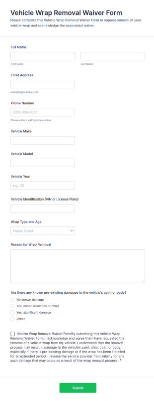 Vehicle Wrap Removal Waiver Form Template