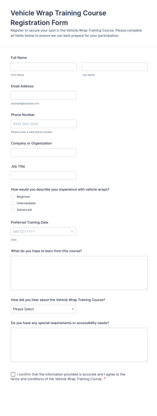 Vehicle Wrap Training Course Registration Form Template