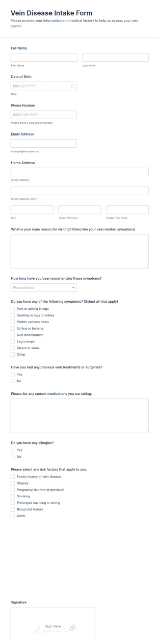 Vein Disease Intake Form Template