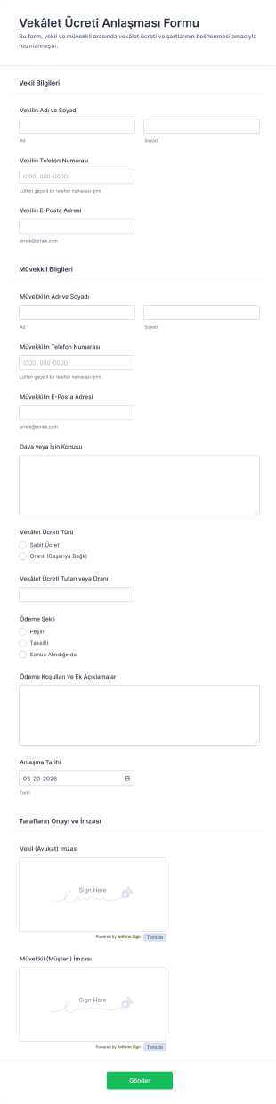 Vekâlet Ücreti Anlaşması Form Şablonu