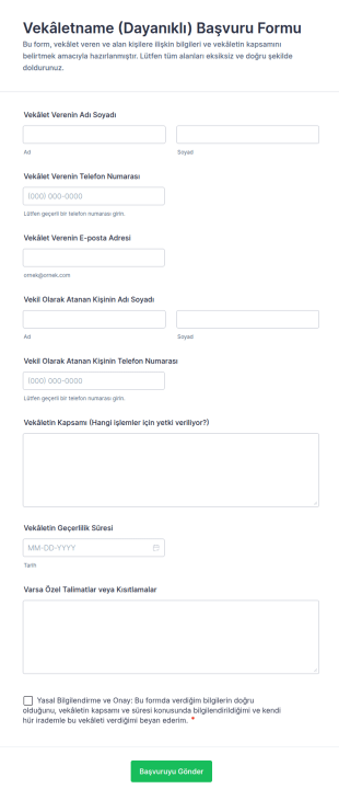 Vekâletname (Dayanıklı) Başvuru Form Şablonu